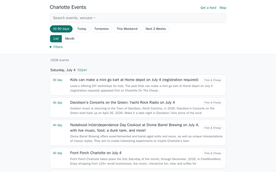 Charlotte Events Calendar — the filterable event feed