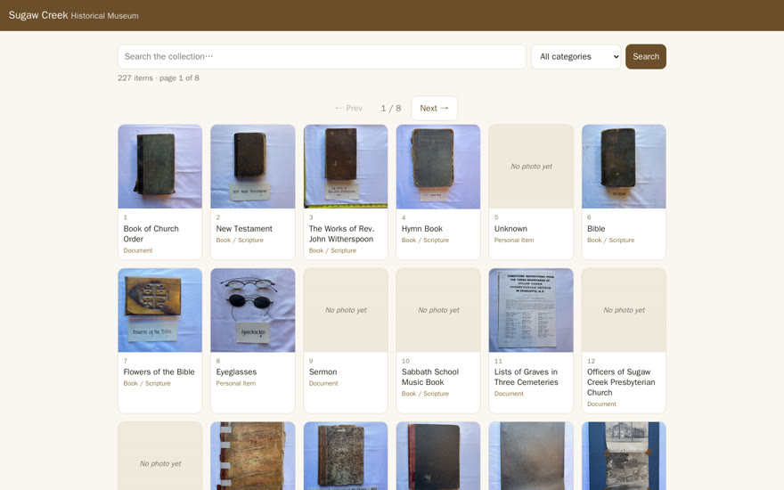 Sugaw Creek Museum — the catalogued collection online